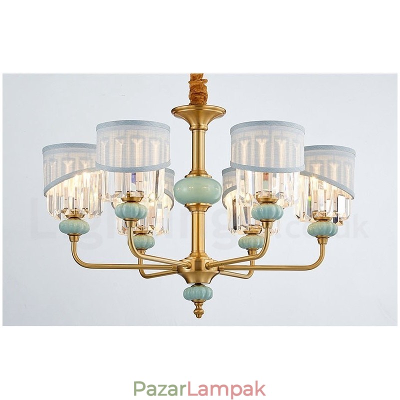 Tiszta sárgaréz luxus, rusztikus retro vintage sárgaréz kerámia függő gyertyacsillár szövettel és kristály ernyőkkel