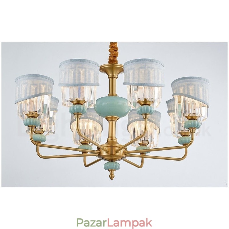 Tiszta sárgaréz luxus, rusztikus retro vintage sárgaréz kerámia függő gyertyacsillár szövettel és kristály ernyőkkel