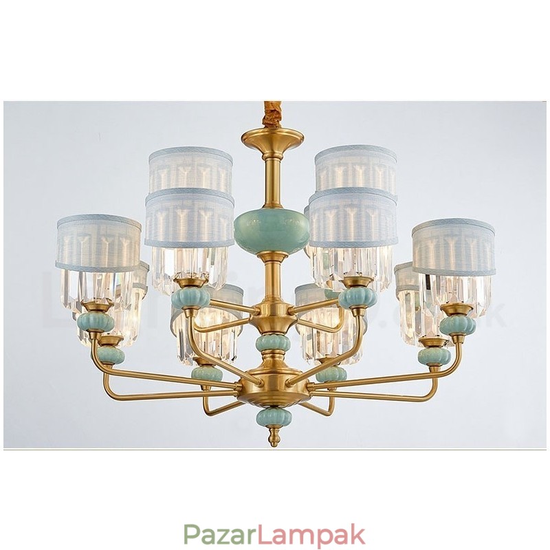 Tiszta sárgaréz luxus, rusztikus retro vintage sárgaréz kerámia függő gyertyacsillár szövettel és kristály ernyőkkel