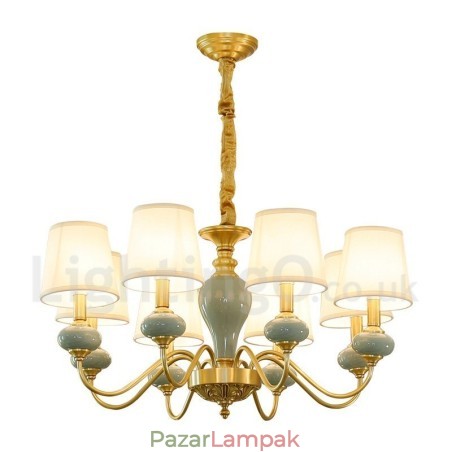 Tiszta sárgaréz luxus rusztikus retro vintage sárgaréz kerámia függő gyertyacsillár szövet ernyőkkel Tiszta sárgaréz luxus rusztikus retro vintage sárgaréz kerámia függő gyertyacsillár szövet ernyőkkel