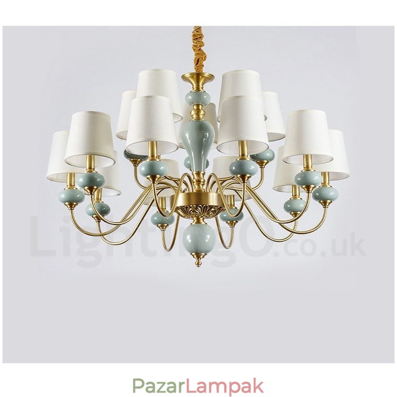 Tiszta sárgaréz luxus rusztikus retro vintage sárgaréz kerámia függő gyertyacsillár szövet ernyőkkel