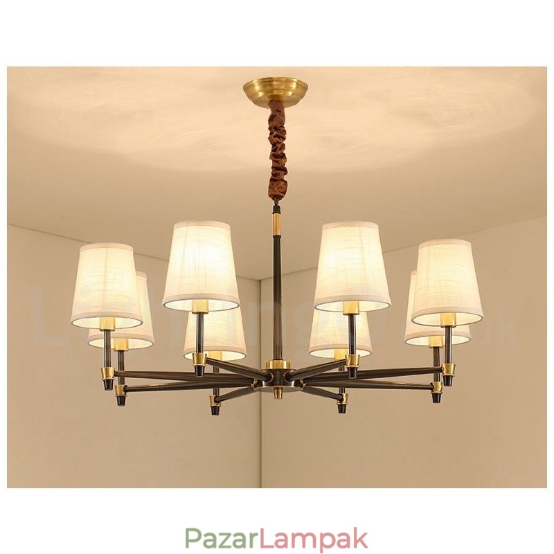 Tiszta sárgaréz, nagy luxus rusztikus retro vintage sárgaréz függőcsillár szövet ernyőkkel