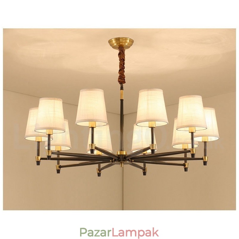 Tiszta sárgaréz, nagy luxus rusztikus retro vintage sárgaréz függőcsillár szövet ernyőkkel