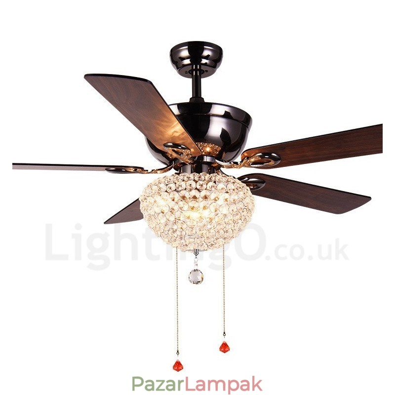 132 cm-es (52") amerikai stílusú fa retro távirányítós mennyezeti ventilátorlámpa kristály ernyővel, néma tiszta réz motor