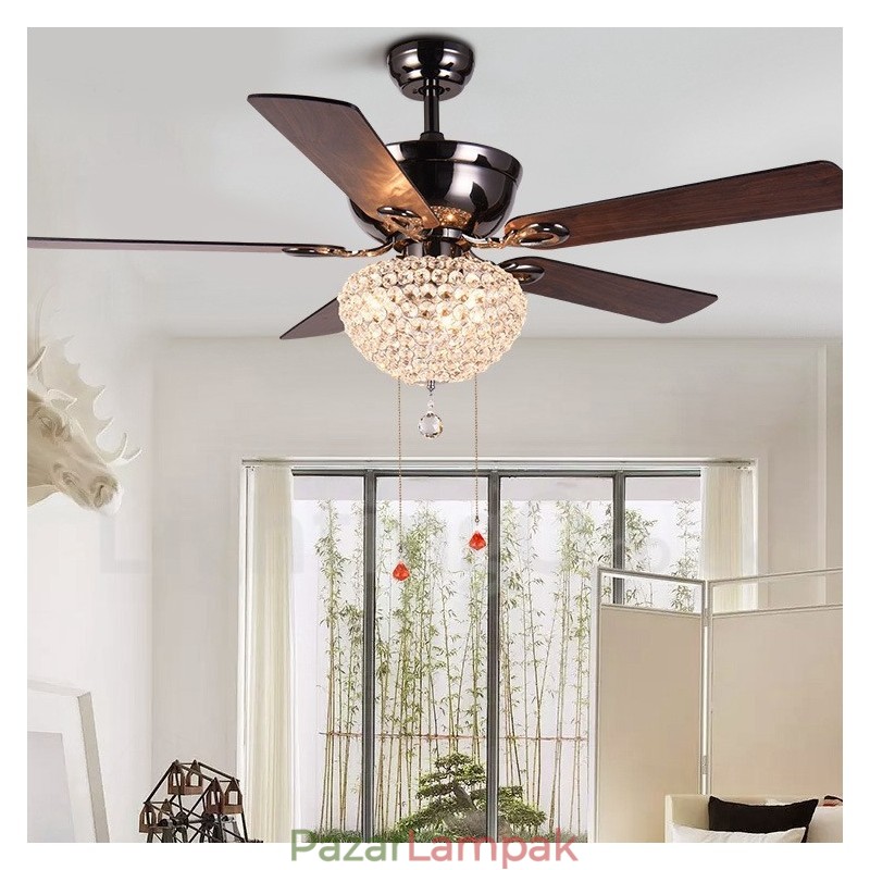 132 cm-es (52") amerikai stílusú fa retro távirányítós mennyezeti ventilátorlámpa kristály ernyővel, néma tiszta réz motor