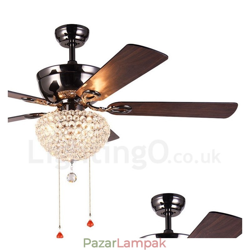 132 cm-es (52") amerikai stílusú fa retro távirányítós mennyezeti ventilátorlámpa kristály ernyővel, néma tiszta réz motor