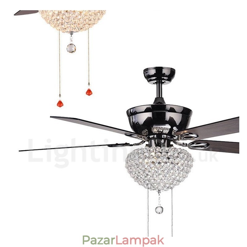 132 cm-es (52") amerikai stílusú fa retro távirányítós mennyezeti ventilátorlámpa kristály ernyővel, néma tiszta réz motor