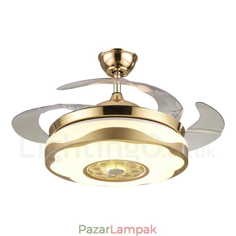 108 cm-es (42") 91 cm-es (36") modern, modern távirányítós arany színű mennyezeti ventilátorlámpa akril ernyővel, néma tiszta réz motor