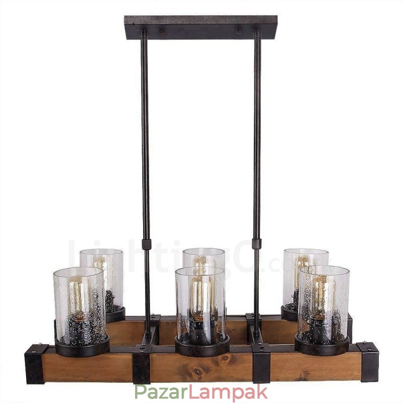6 Light Vintage fa csillár ipari Wind Loft fa Lineáris függő világítás