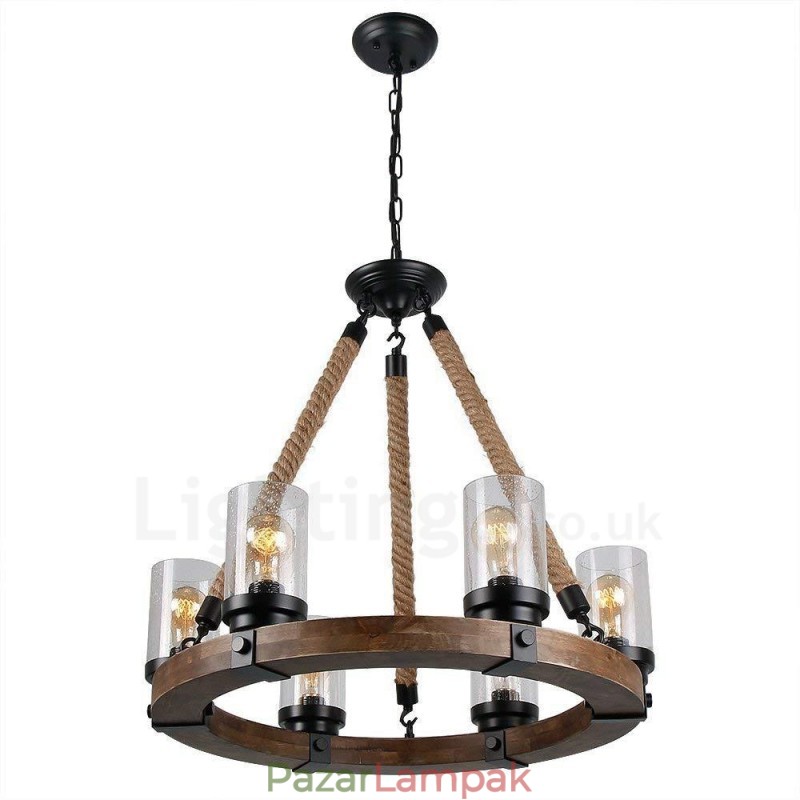 6 Light Ring Vintage fa csillár Ipari Wind Loft Fa Lineáris Függesztett világítás