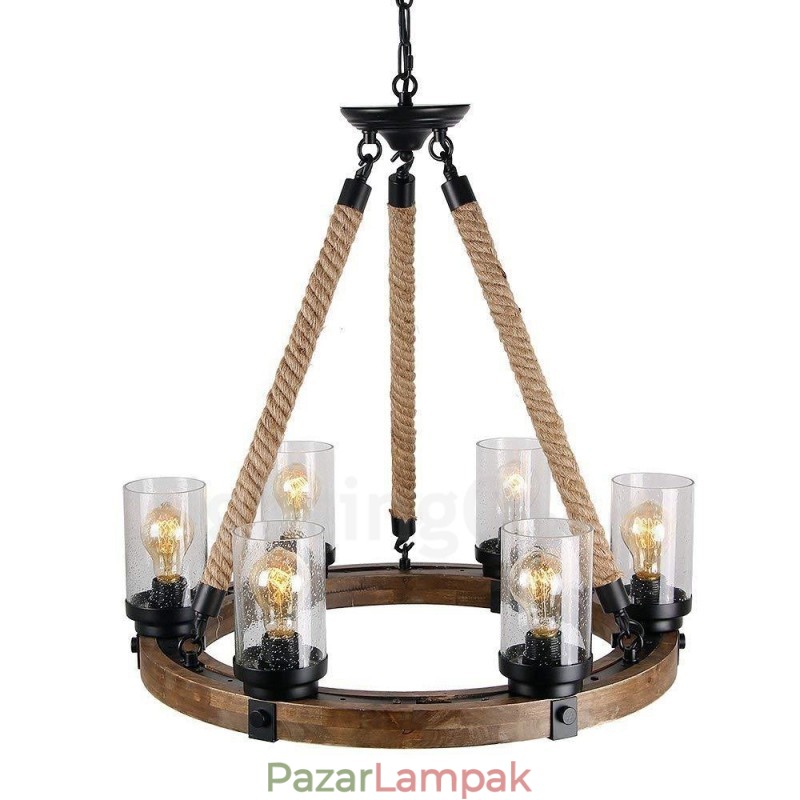 6 Light Ring Vintage fa csillár Ipari Wind Loft Fa Lineáris Függesztett világítás