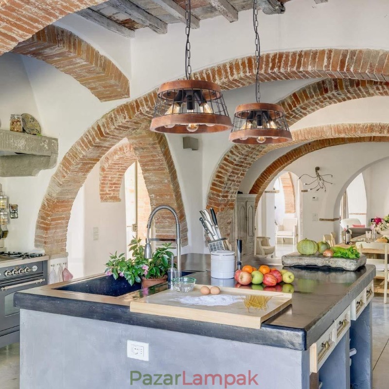 3 Light Ring Vintage fából készült csillár ipari Wind Loft fa Lineáris függő világítás
