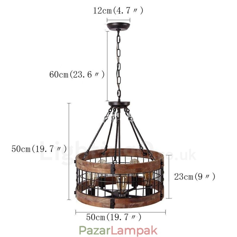 5 Light Drum Vintage fa csillár Ipari Wind Loft Fa Lineáris Függesztett világítás