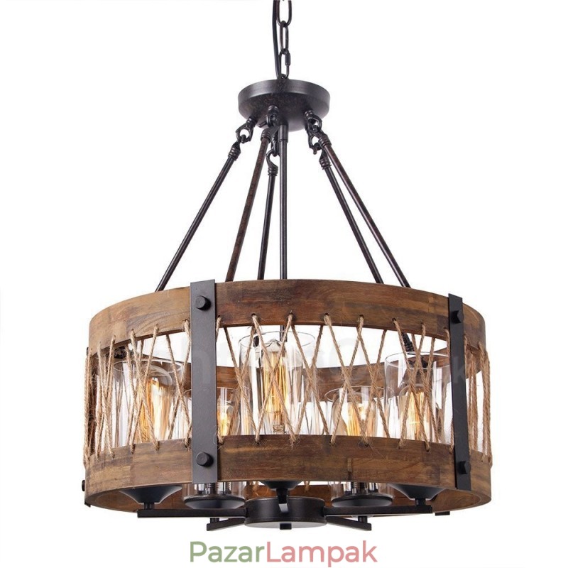 5 Light Drum Vintage fa csillár Ipari Wind Loft Fa Lineáris Függesztett világítás