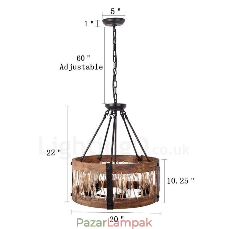 5 Light Drum Vintage fa csillár Ipari Wind Loft Fa Lineáris Függesztett világítás