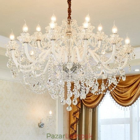 18 (12+6) Világos, tiszta kristály gyertyacsillár fehér karokkal