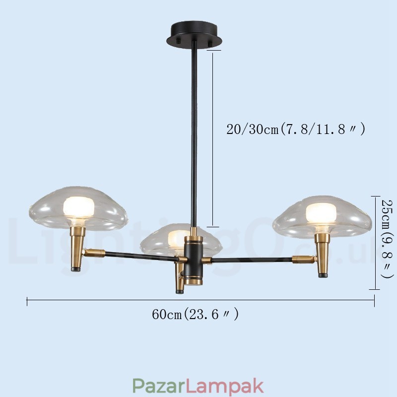 3 könnyű mini stílusú felső lámpa, galvanizált, festett csillár üvegárnyékolóval