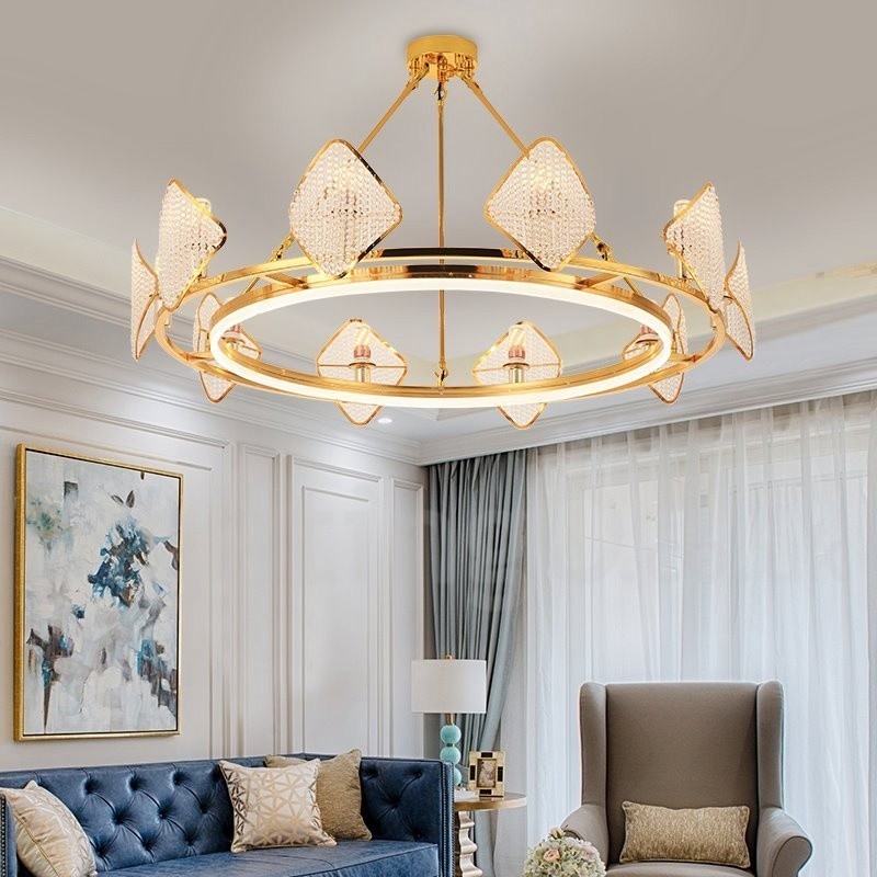 Arany posztmodern luxus kerek K9 kristály függőcsillár lámpa akril árnyalattal Kiállítóterem