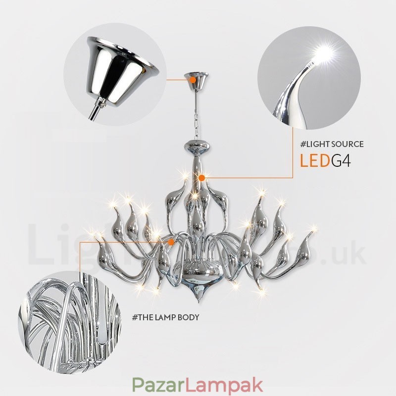 18 lámpa, rozsdamentes, posztmodern hattyúcsillár, G4 krómozott fény