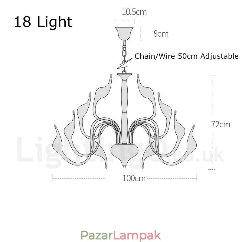 18 lámpa, rozsdamentes, posztmodern hattyúcsillár, G4 fekete, kész