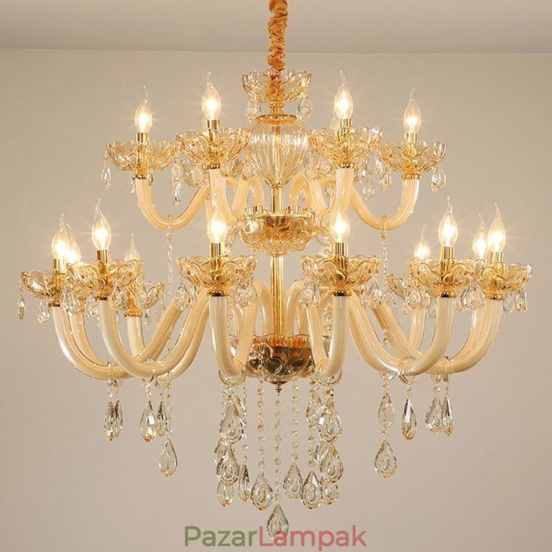 Elegáns kristálycsillár európai konyak színű mennyezeti lámpa üvegtest dupla rétegű 12+6 lámpa