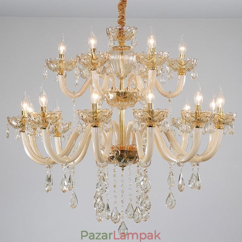 Elegáns kristálycsillár európai konyak színű mennyezeti lámpa üvegtest dupla rétegű 12+6 lámpa