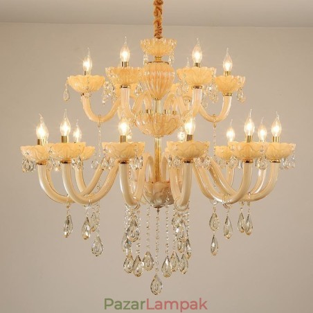 Luxus kristálycsillár európai konyak színű mennyezeti lámpa üvegház dupla rétegű 12+6 lámpa Luxus kristálycsillár európai konyak színű mennyezeti lámpa üvegház dupla rétegű 12+6 lámpa