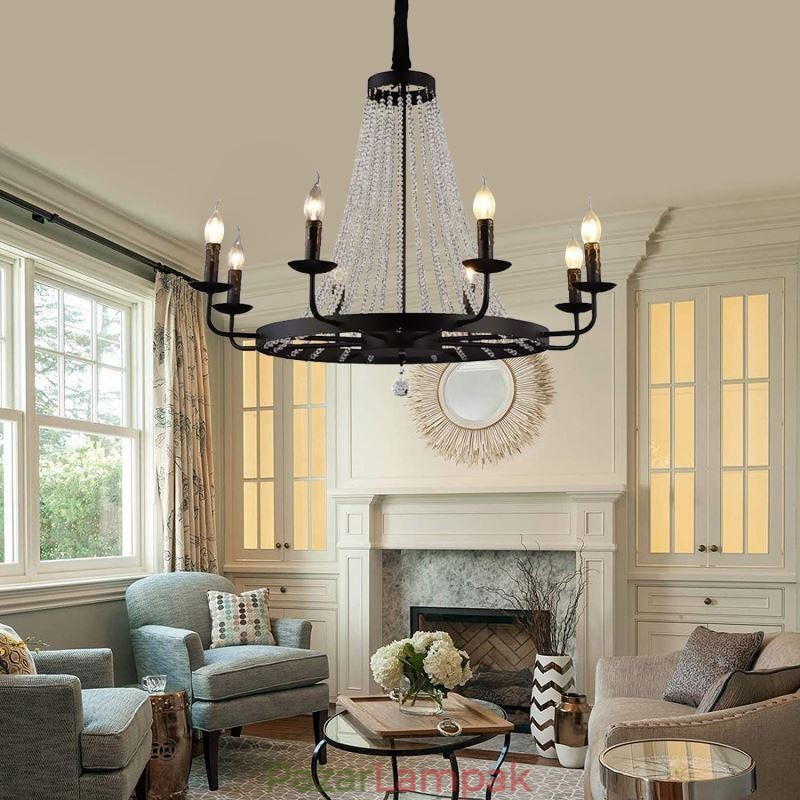 Vintage kristály medál világító fekete vas gyertyacsillár