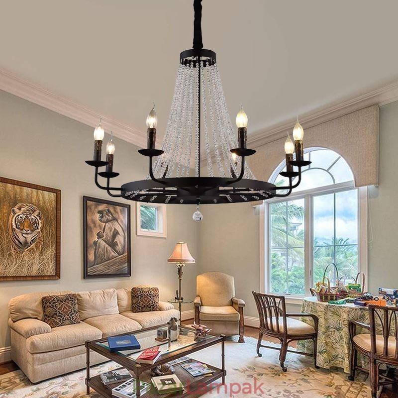 Vintage kristály medál világító fekete vas gyertyacsillár