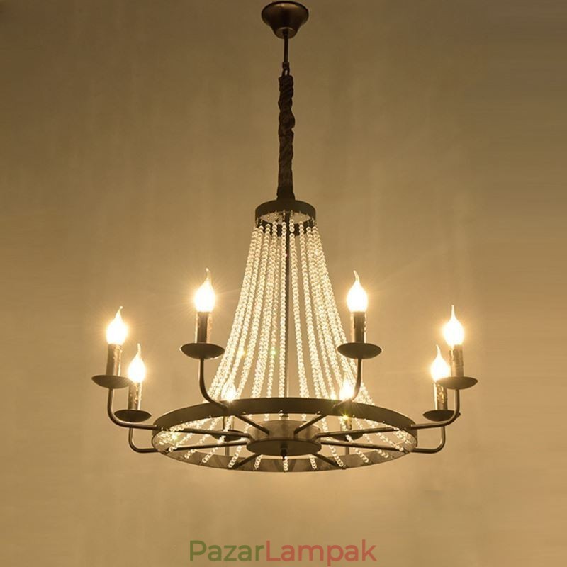 Vintage kristály medál világító fekete vas gyertyacsillár