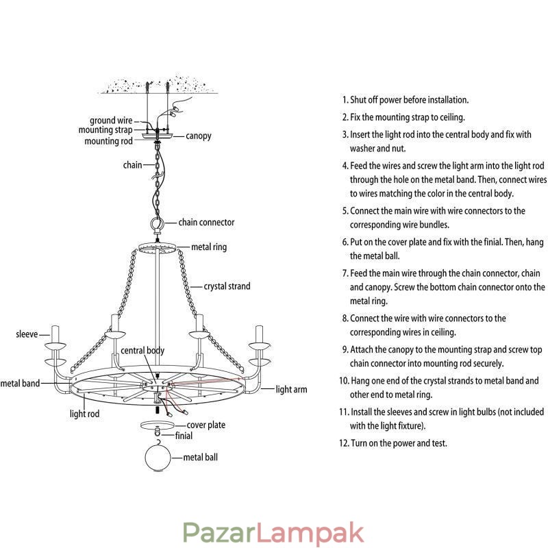 Vintage kristály medál világító fekete vas gyertyacsillár