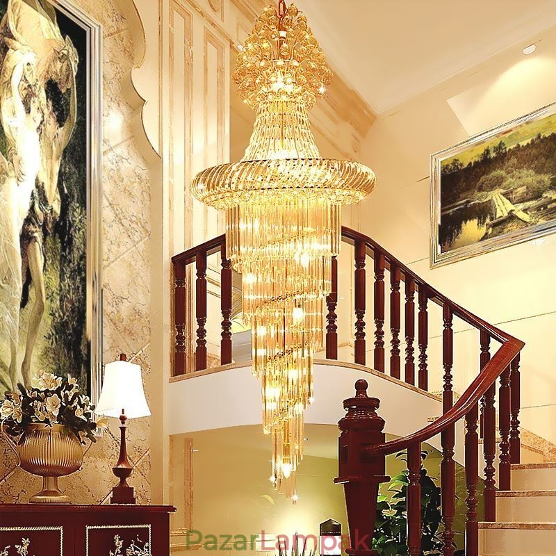 Luxus kristálycsillár Modern európai, kecses hosszú függő duplex lépcsőház