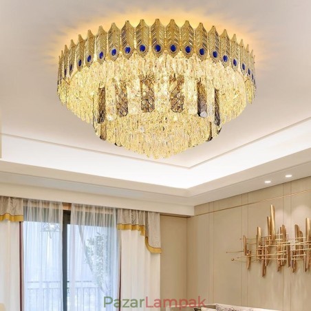 Crystal süllyesztett rögzítésű, kerek, galvanizált Phoenix Tail Gold luxus dekoratív mennyezeti lámpa Crystal süllyesztett rögzítésű, kerek, galvanizált Phoenix Tail Gold luxus dekoratív mennyezeti lámpa