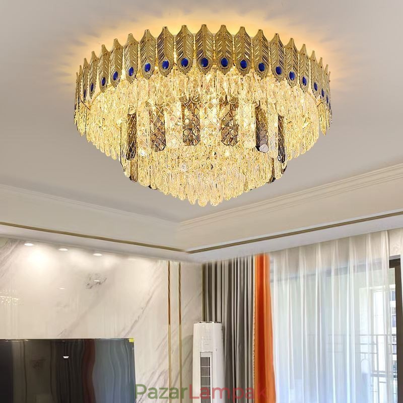 Crystal süllyesztett rögzítésű, kerek, galvanizált Phoenix Tail Gold luxus dekoratív mennyezeti lámpa
