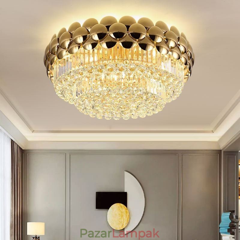 Crystal süllyesztett, kerek galvanikus arany luxus dekoratív mennyezeti lámpa 80 cm