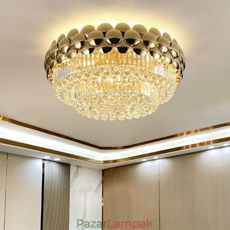 Crystal süllyesztett, kerek galvanikus arany luxus dekoratív mennyezeti lámpa 80 cm