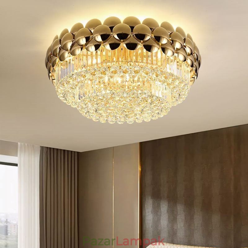 Crystal süllyesztett, kerek galvanikus arany luxus dekoratív mennyezeti lámpa 80 cm