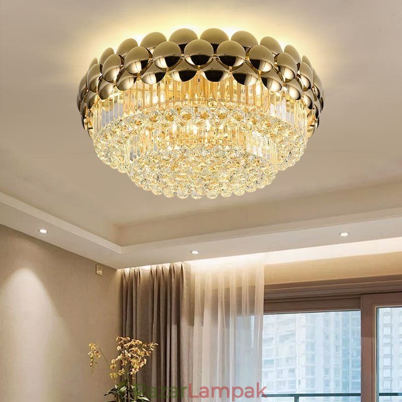 Crystal süllyesztett, kerek galvanikus arany luxus dekoratív mennyezeti lámpa 80 cm