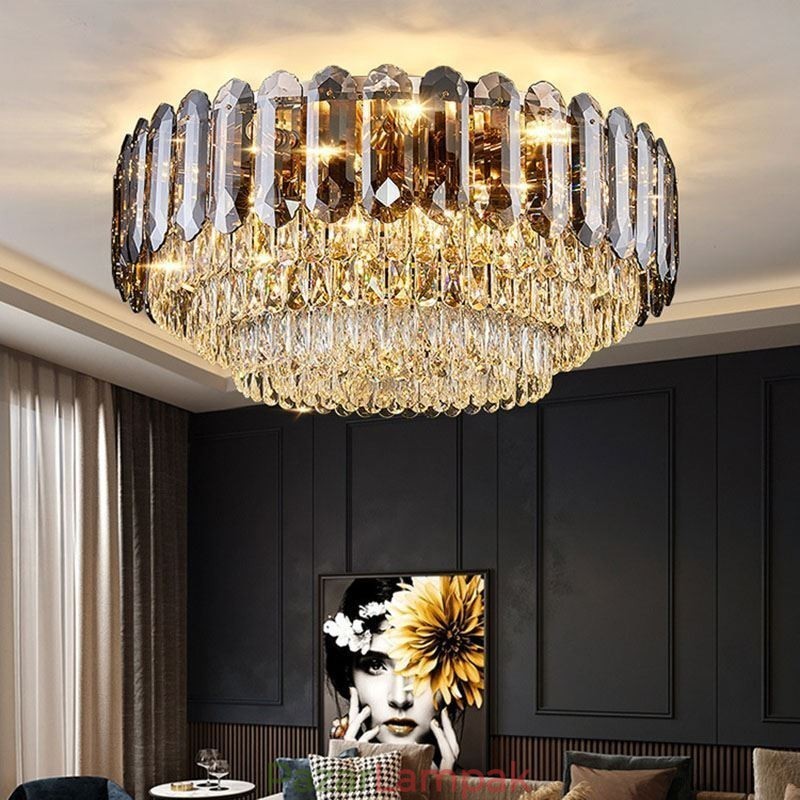 Crystal Flush Mount Füstös Szürke Kerek Kristály Dekorációs Mennyezeti Világító