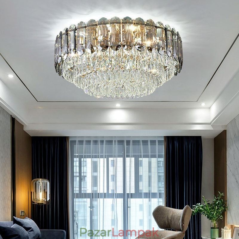 Crystal Flush Mount Füstös Szürke Kerek Kristály Dekorációs Mennyezeti Világító