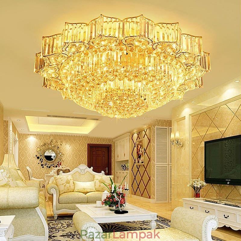 Elegáns, süllyesztve szerelt kerek kristálycsillár, virág alakú