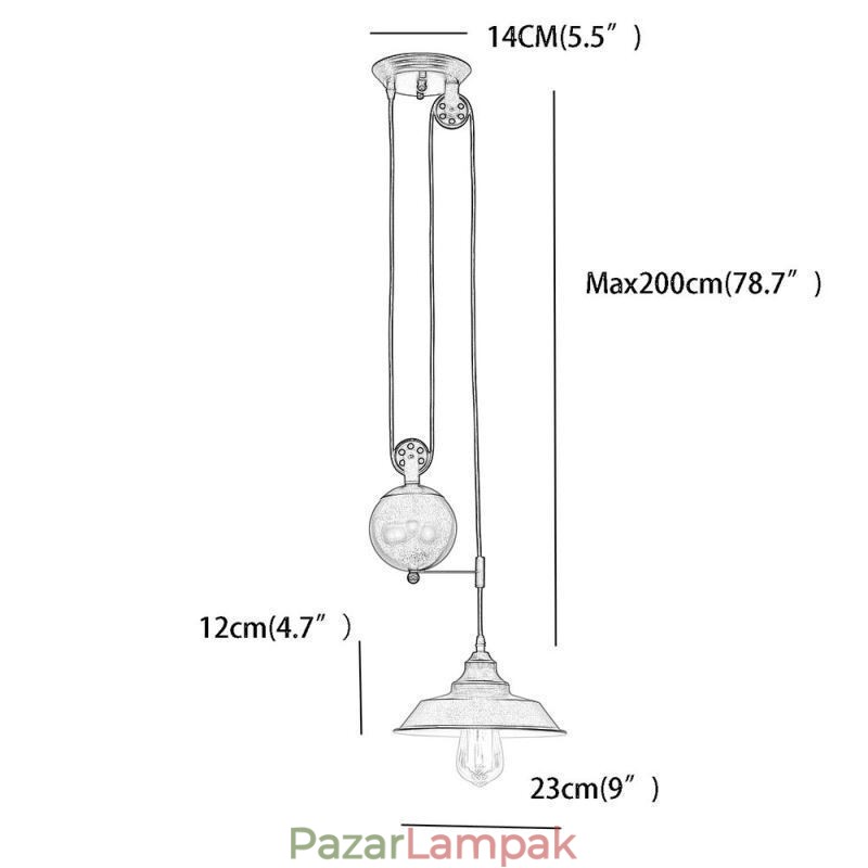 Ipari parasztház szíjtárcsa függesztőlámpa, behúzható kivitel, állítható magasságú