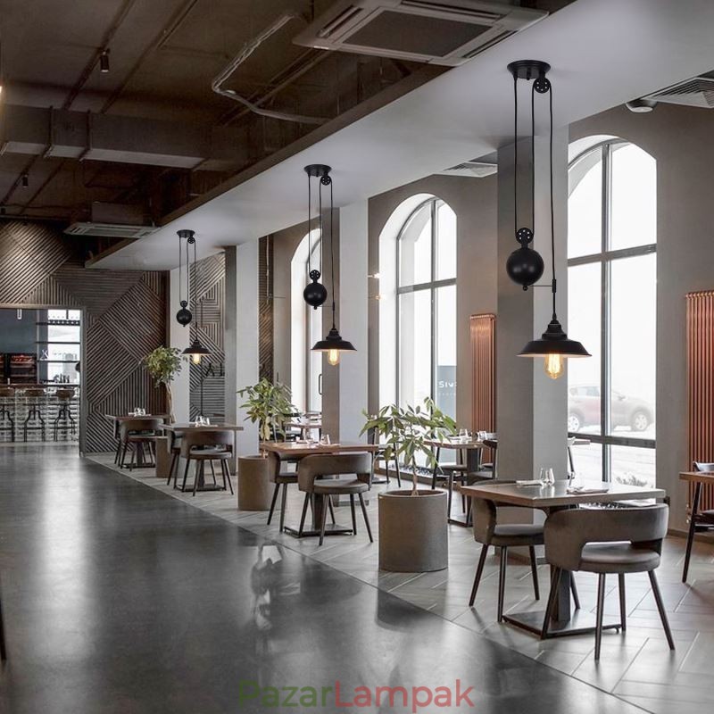 Ipari parasztház szíjtárcsa függesztőlámpa, behúzható kivitel, állítható magasságú