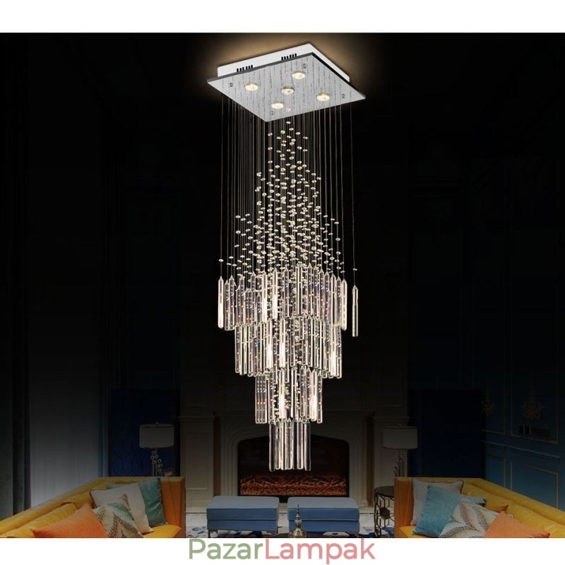 Modern négyzet alakú kristálycsillár Kortárs, elegáns mennyezeti lámpatest duplex lépcső