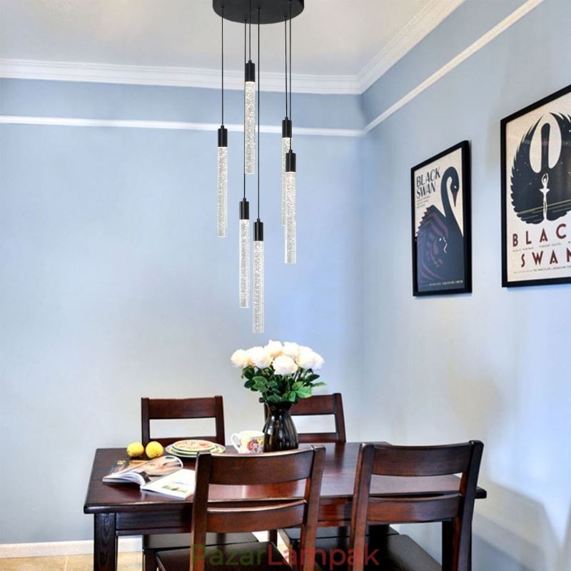 Függeszték, fekete kristályoszlopos mennyezeti lámpa