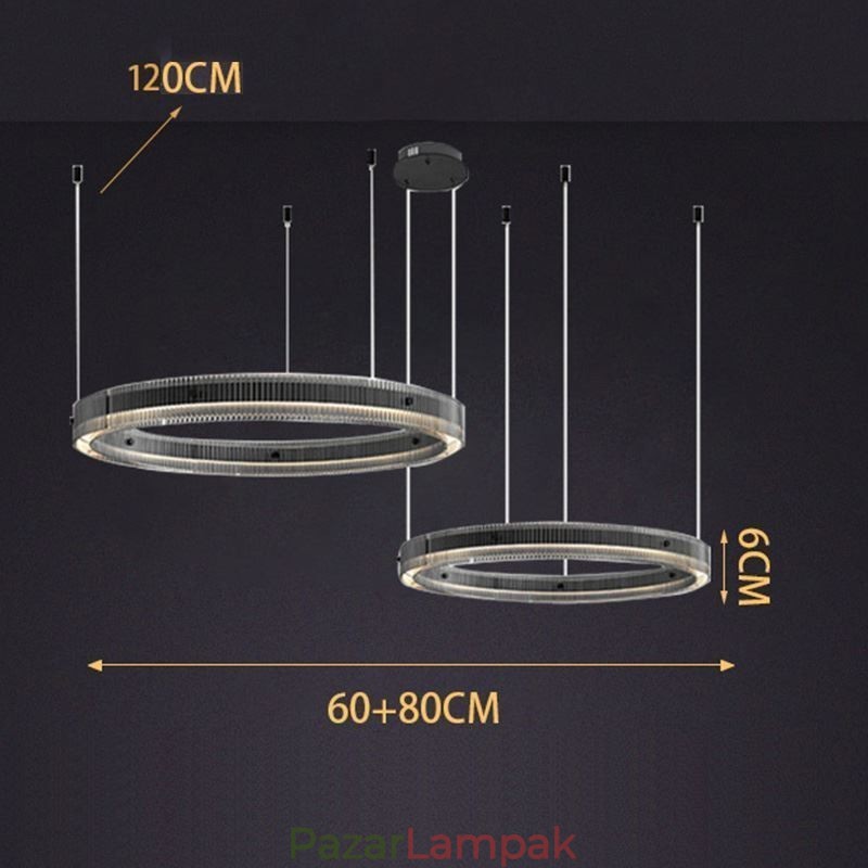 Függeszték 60+80cm dupla kör üveg mennyezeti lámpa fokozatmentesen szabályozható távirányítóval