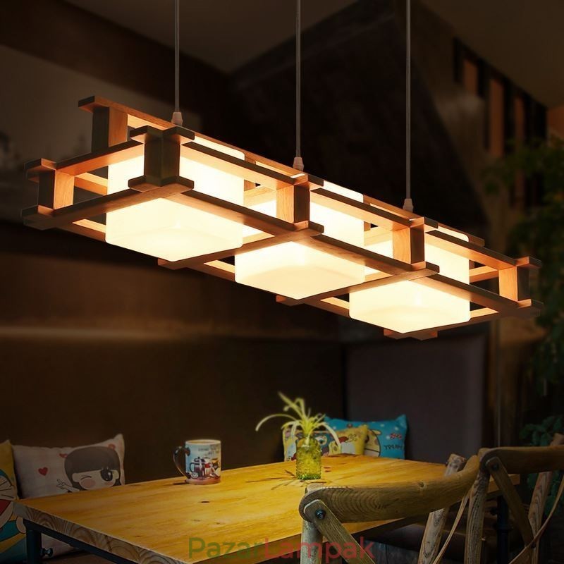 Creative 3 Lights tölgy függőlámpa Dekoratív fa mennyezeti lámpa kávézó