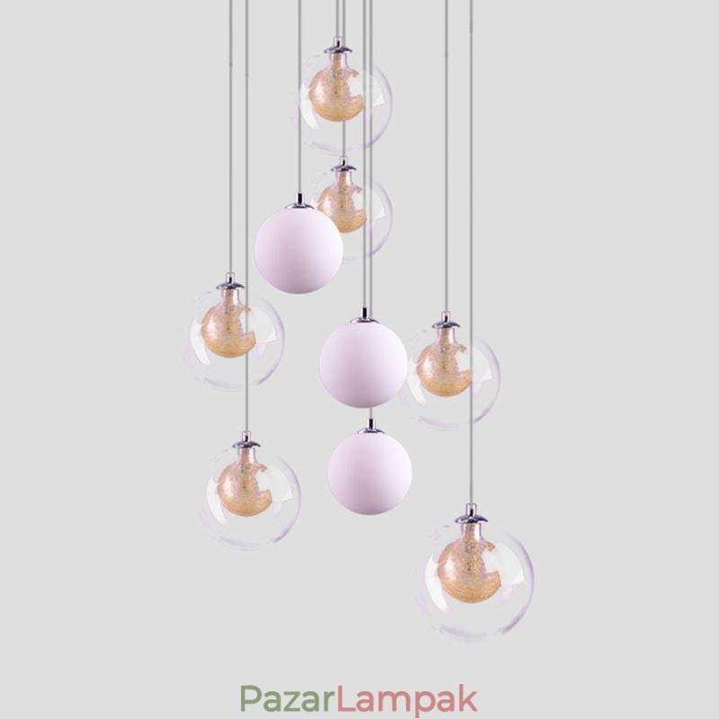 Függesztett lámpa üvegfürt mennyezeti lámpa arany nikkel szálcsiszolt+tejszerű üveggolyó