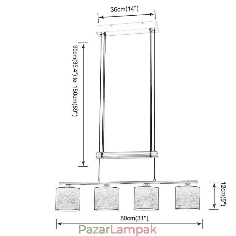 Modern 4 fényű függőlámpa állítható magasságú szövet ernyővel