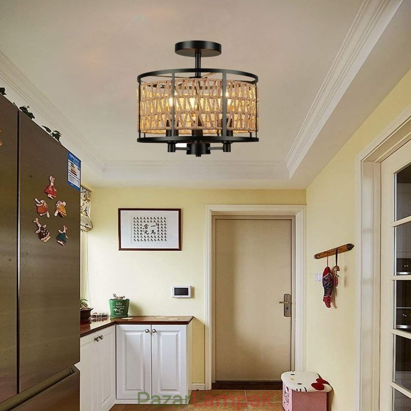 Retro mennyezeti lámpa, fekete vas papír kötél mennyezeti lámpa 3 lámpa